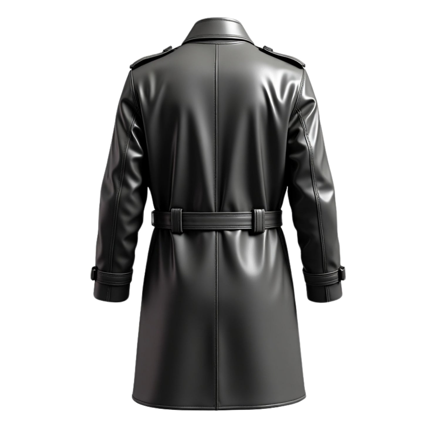 Men's Black Real Leather Double Breasted Trench Coat with Belt and Epaulets