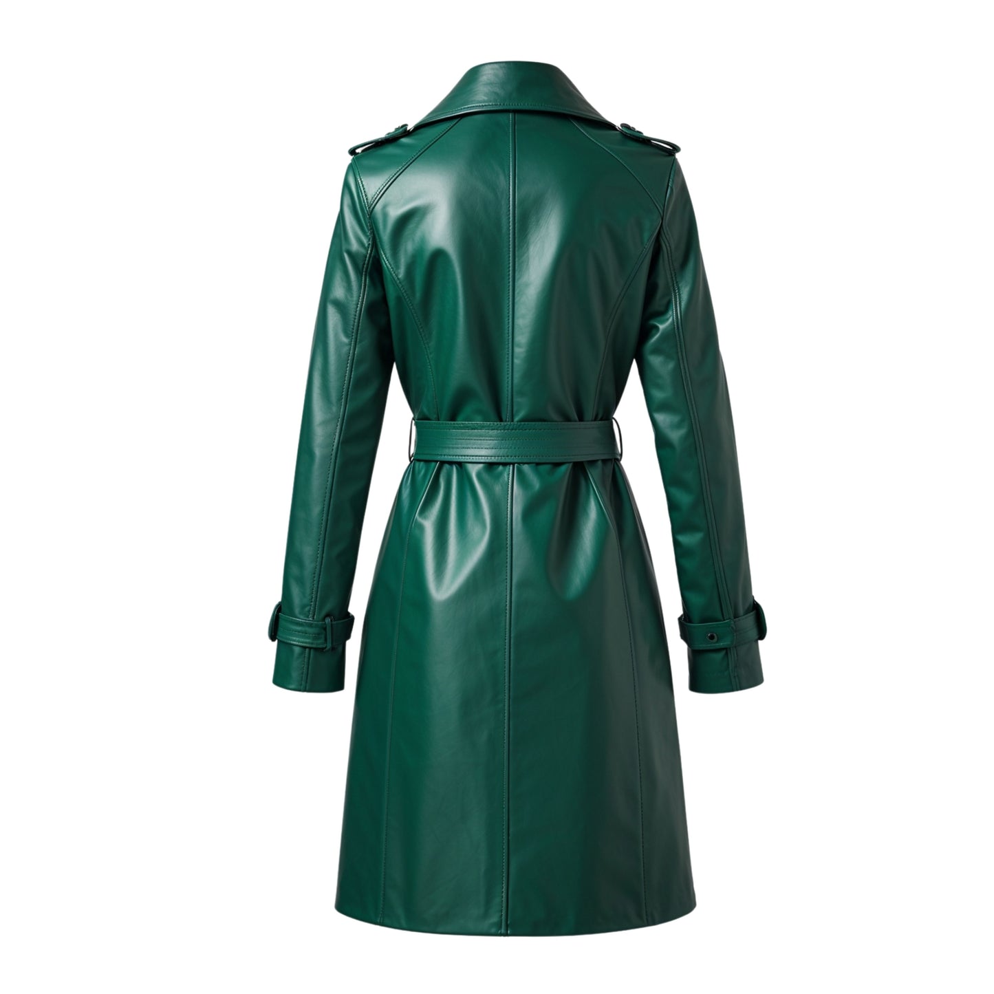 Women Emerald Green Real Leather Trench Coat, Belted Lapel Collar Long Jacket