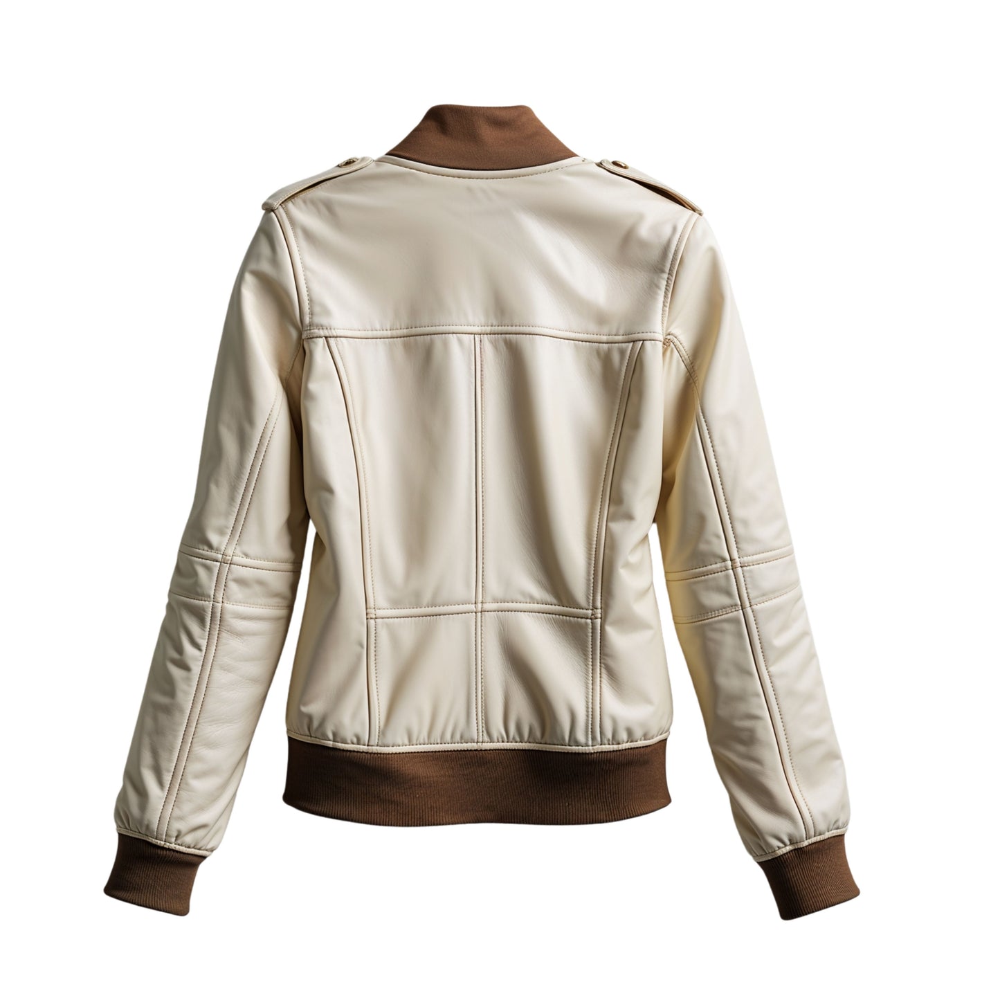 Women's Cream Leather Moto Bomber Jacket with Brown Rib Trim Asymmetric Zip Biker Coat