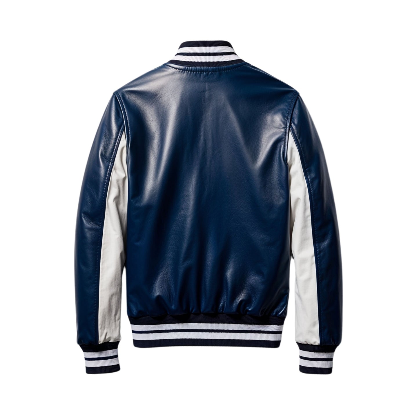 Men's Navy Blue Leather Varsity Bomber Jacket with White Sleeves, Striped Ribbed Trim