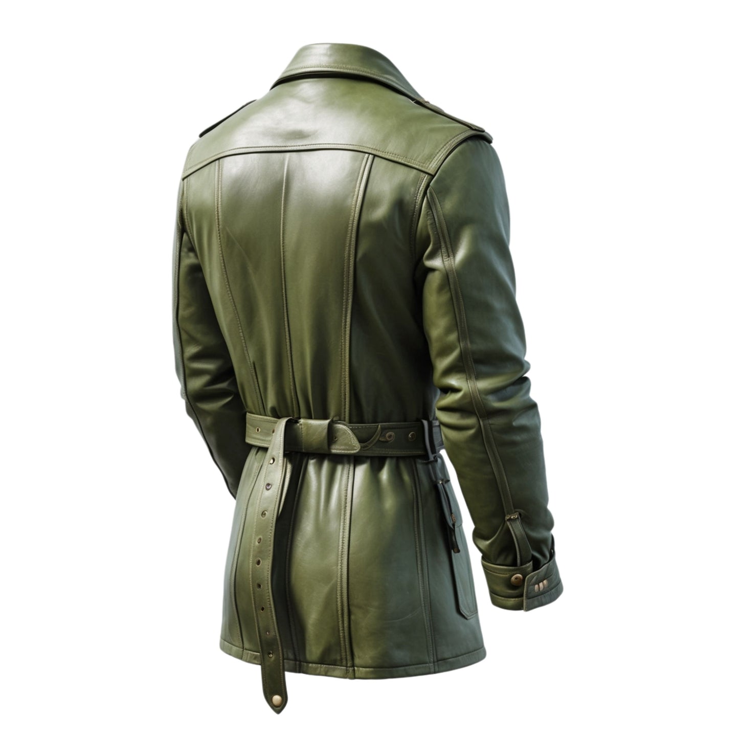 Olive Green Leather Field Jacket: Four Flap Pockets, Adjustable Belt, Epaulets