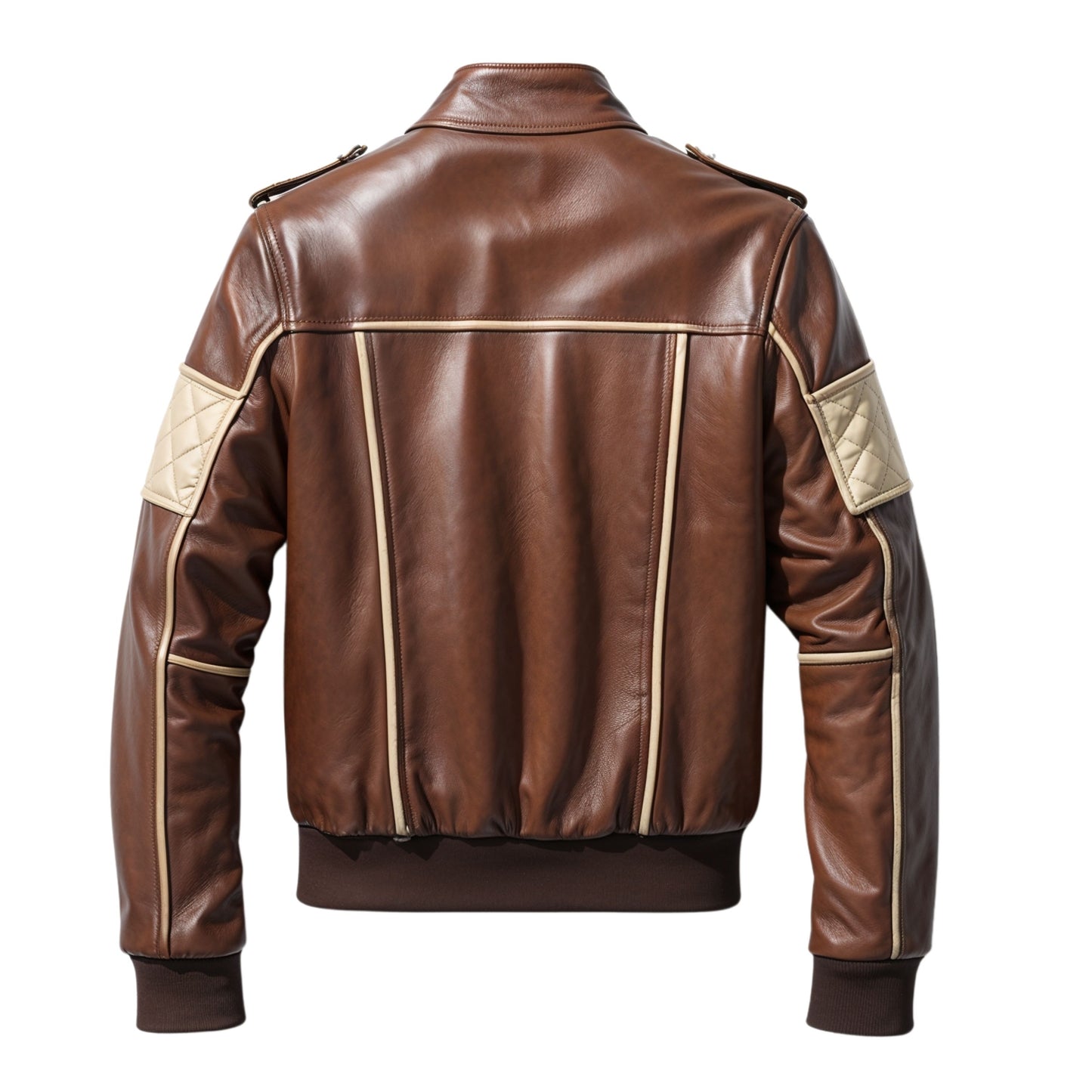 Men's Brown Beige Leather Bomber Jacket Quilted Panels Epaulet Shoulders Classic Style