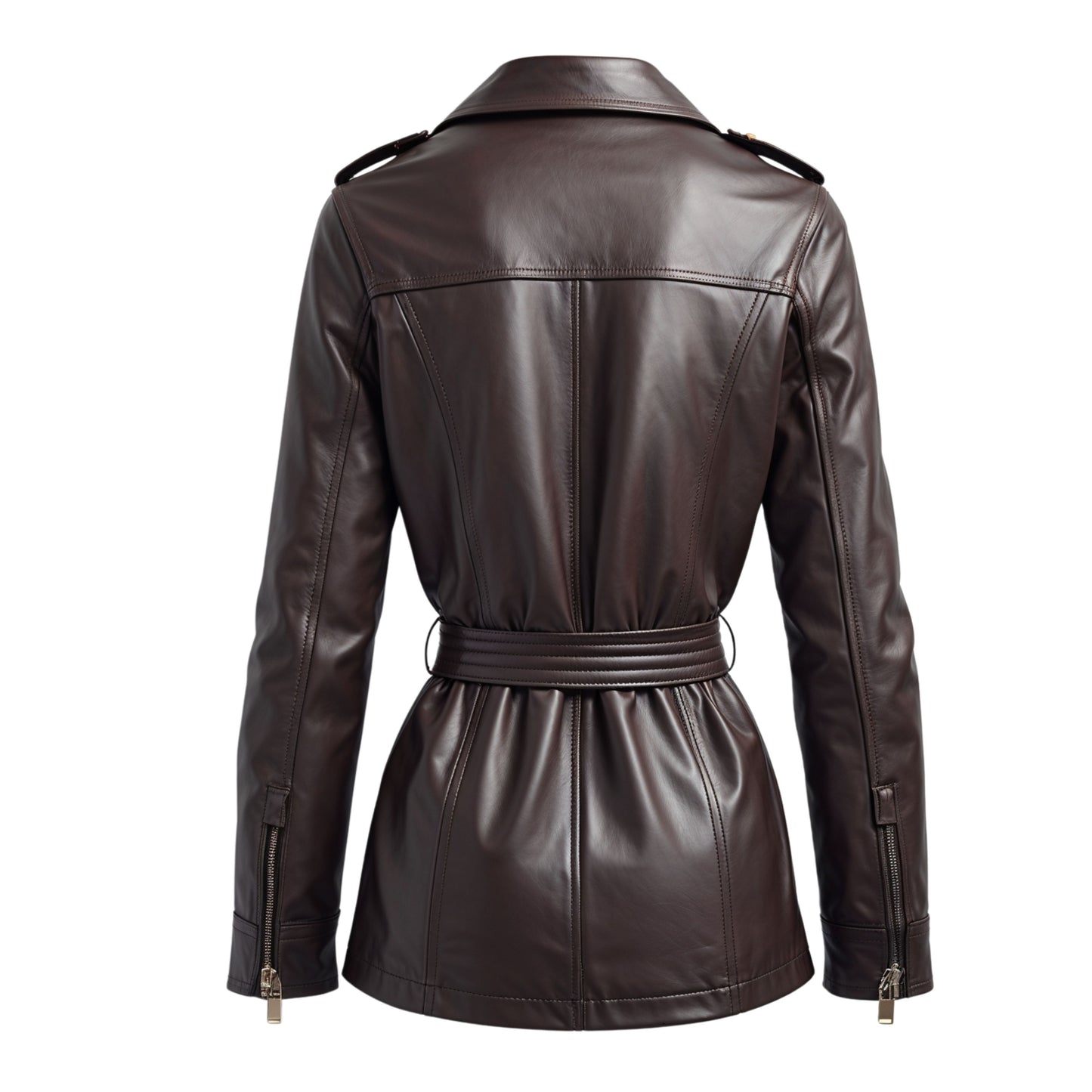 Women's Brown Real Leather Belted Utility Jacket – Military Inspired Cargo Style