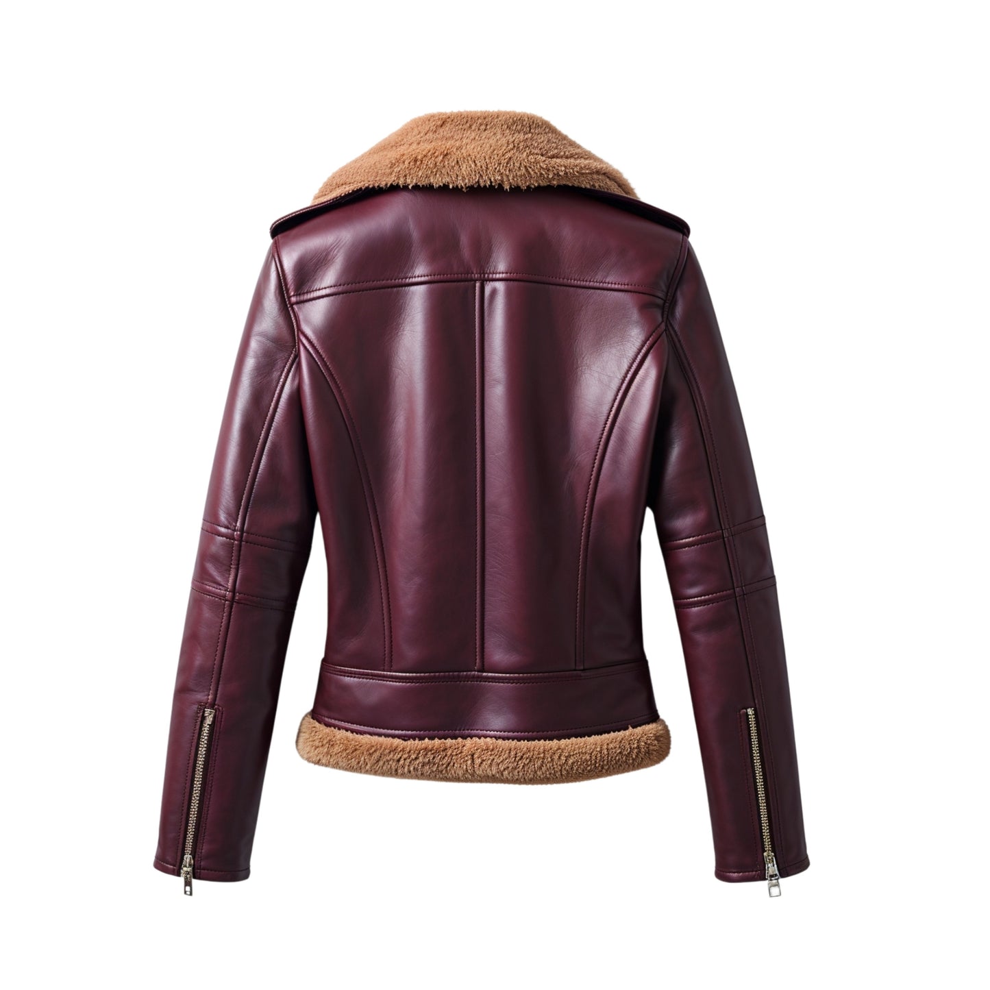 Womens Burgundy Leather Biker Jacket with Faux Fur Lining – Moto Coat Lapel Collar