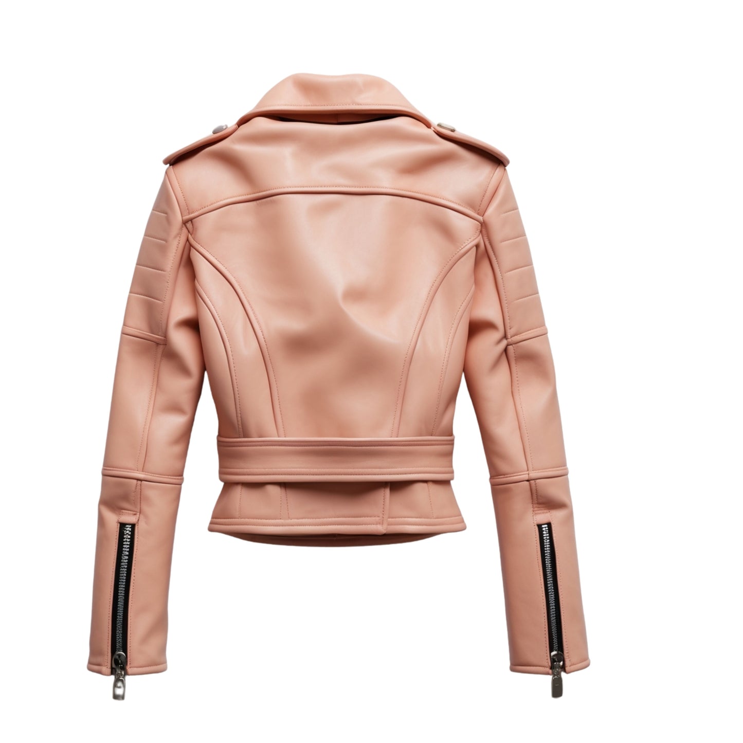 Peach Pink Leather Cropped Biker Jacket with Belt and Quilted Shoulders