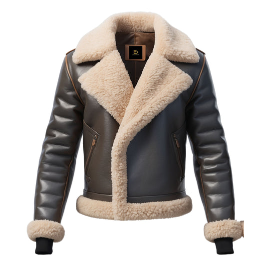 Men's Two-Tone Leather Aviator Jacket with Beige Shearling Collar Cuffs – Vintage Style Warm Wear