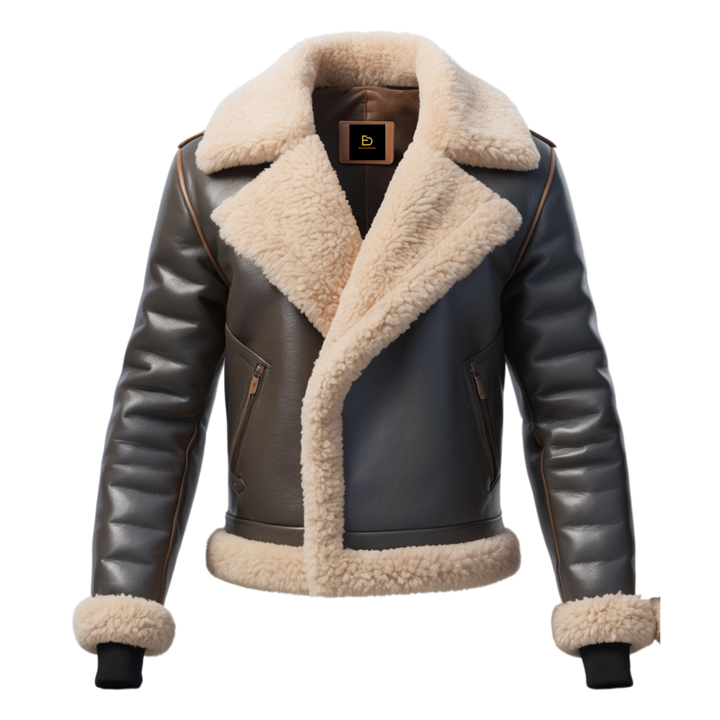 Two Tone Grey Brown Real Leather Aviator Jacket Beige Shearling Collar Cuffs Hem Vintage Warm Trendy Wear