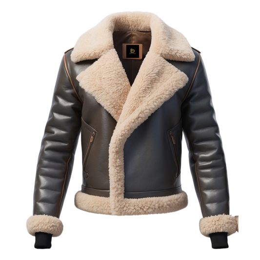 Two Tone Grey Brown Real Leather Aviator Jacket Beige Shearling Collar Cuffs Hem Vintage Warm Trendy Wear