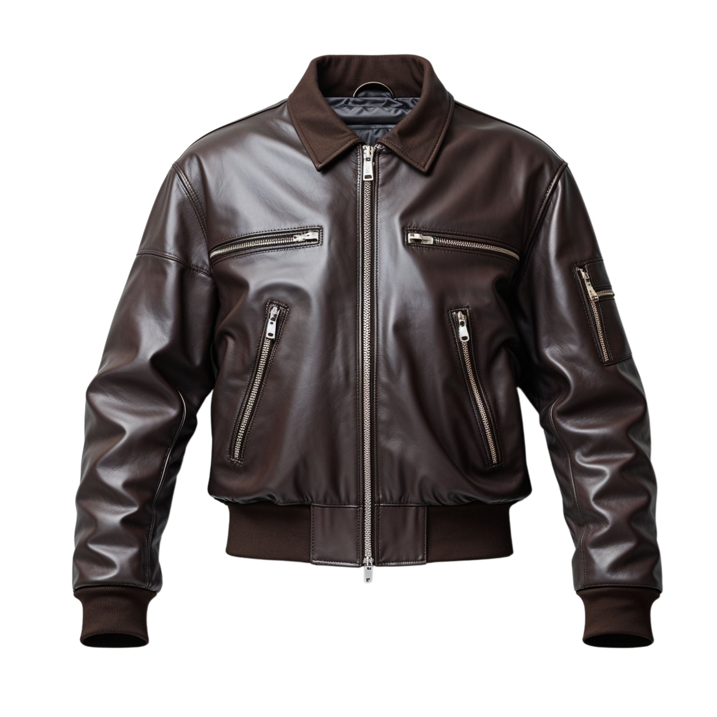 Men's Dark Brown Real Leather Bomber Jacket with Multi Pockets – Ribbed Cuffs Collar