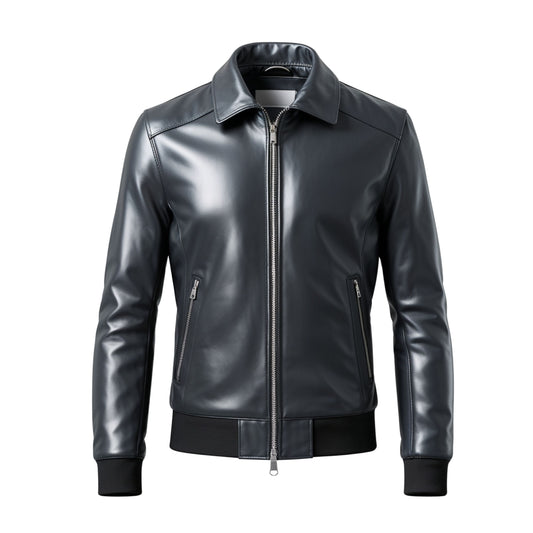 Men Real Leather Bomber Jacket Ribbed Cuffs Zippered Pockets Stylish Comfortable Trendy Everyday Wear