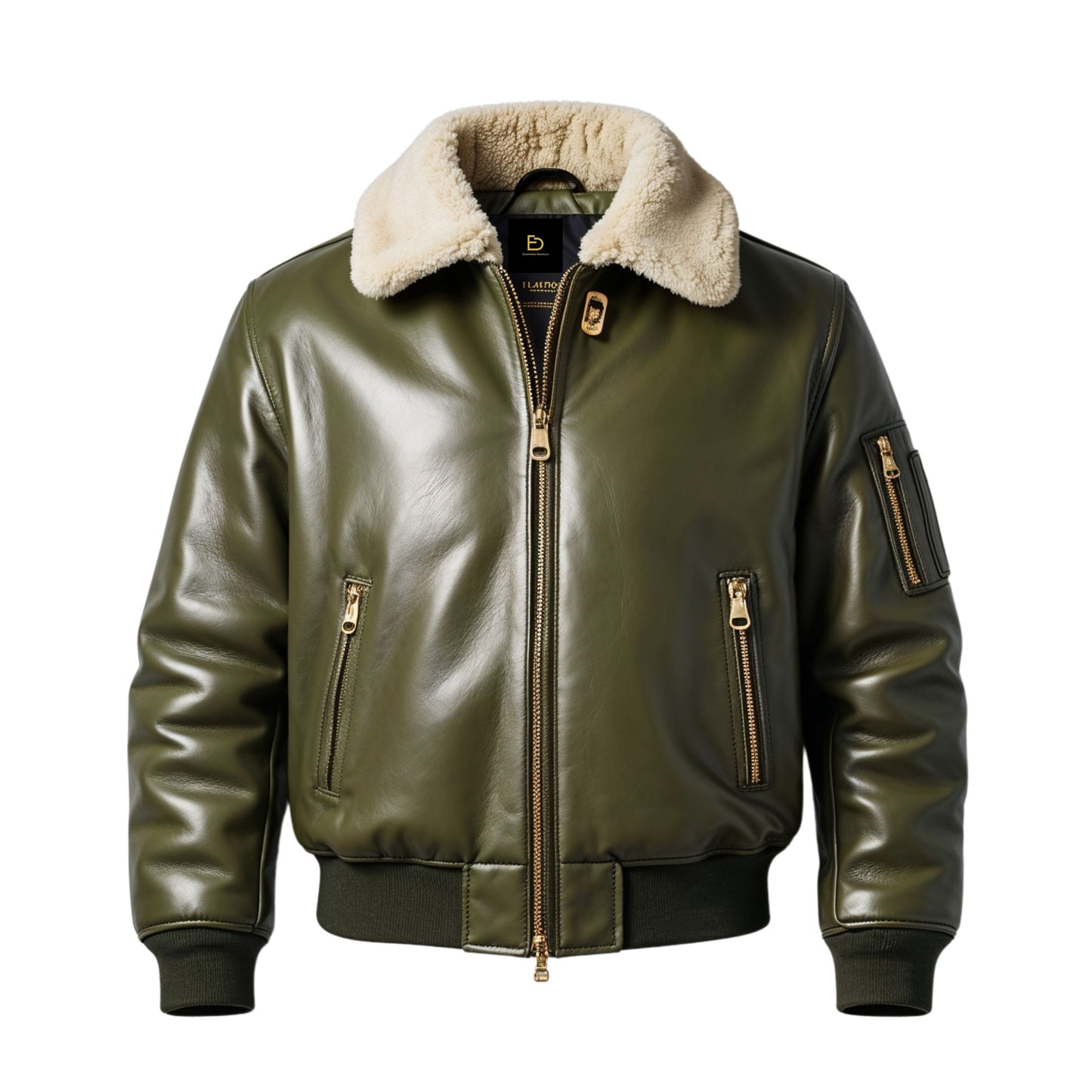 Men's Olive Green Leather Bomber Jacket with Shearling Collar, Gold Zippers