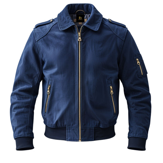 Navy Blue Bomber Jacket: Classic Flight Style, Ribbed Cuffs, Zipper Pockets