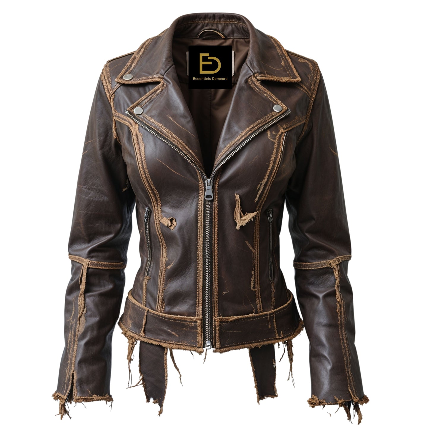 Womens Distressed Brown Leather Biker Jacket – Asymmetrical Zip, Frayed Edge Style