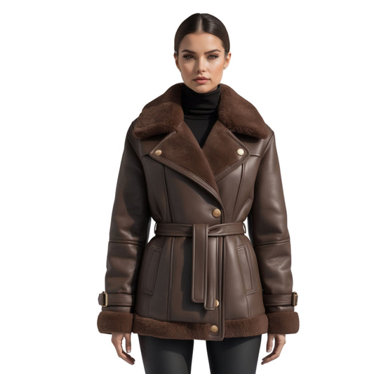Women's Dark Brown Leather Shearling Jacket with Fur Collar and Belt