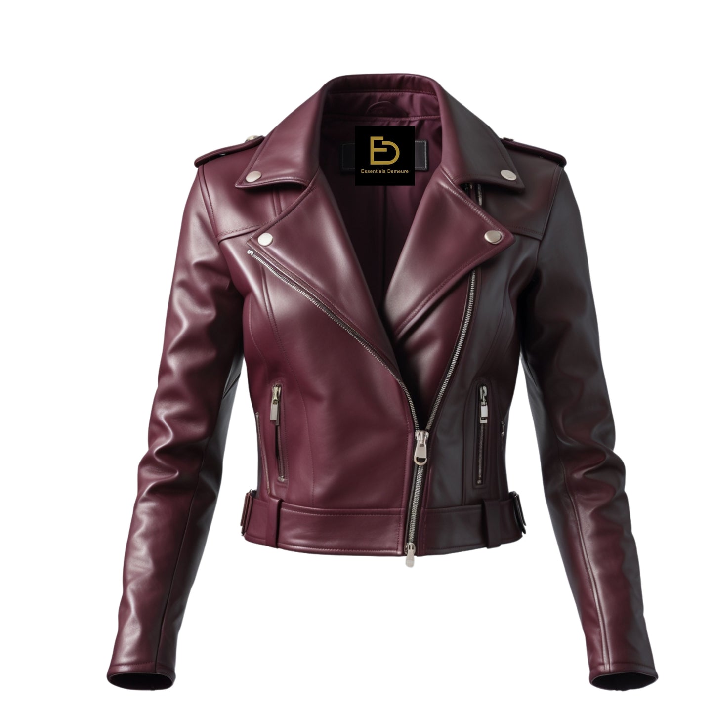 Womens Burgundy Black Leather Moto Jacket – Asymmetric Zip Biker Coat