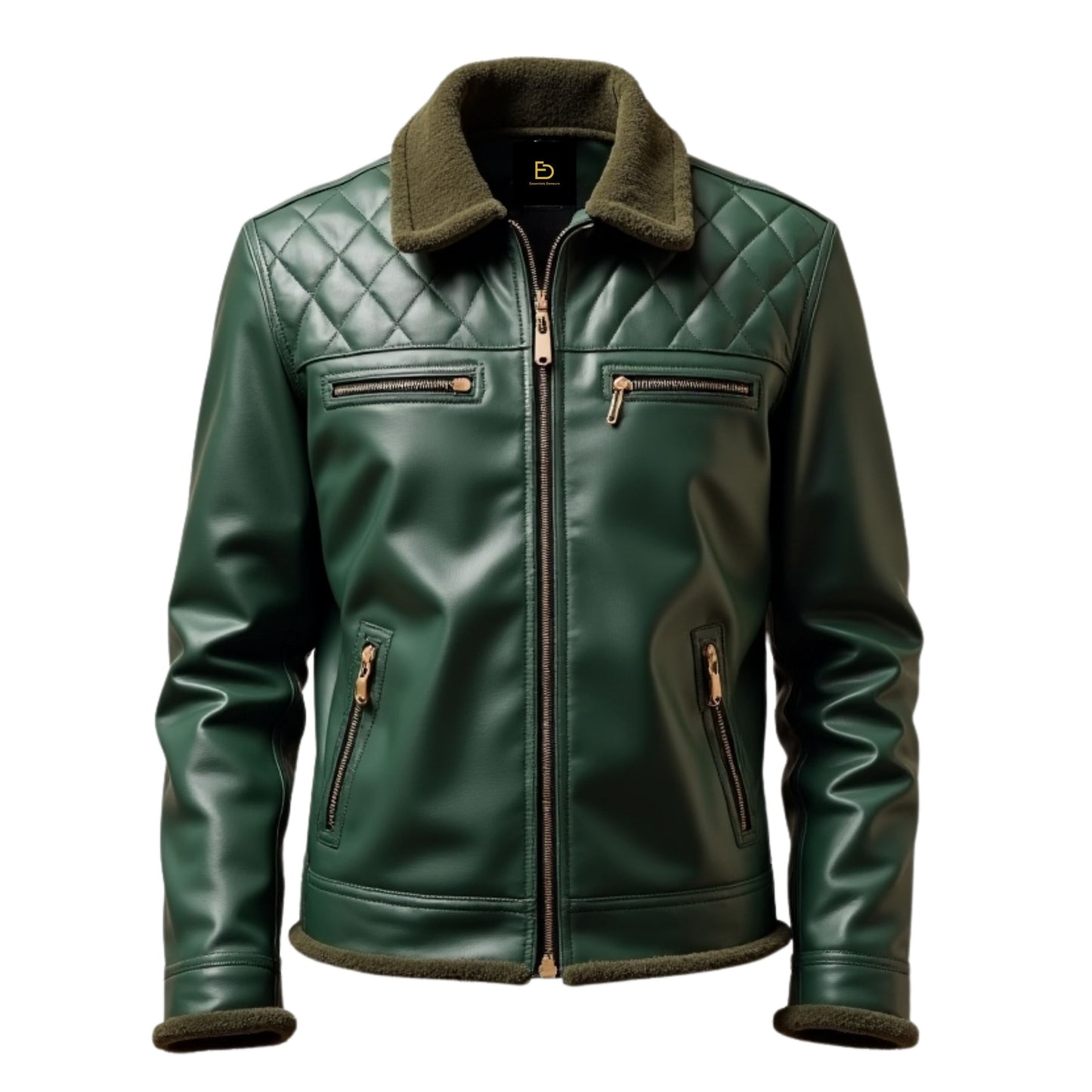 Men's Green Quilted Leather Bomber Jacket with Shearling Collar, Zipper Pockets