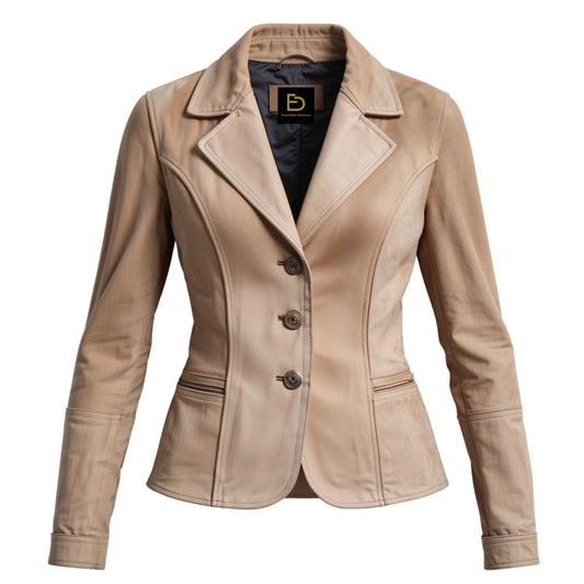 Women's Real Leather Blazer Jacket – Slim Fit Tan Tailored Office Coat