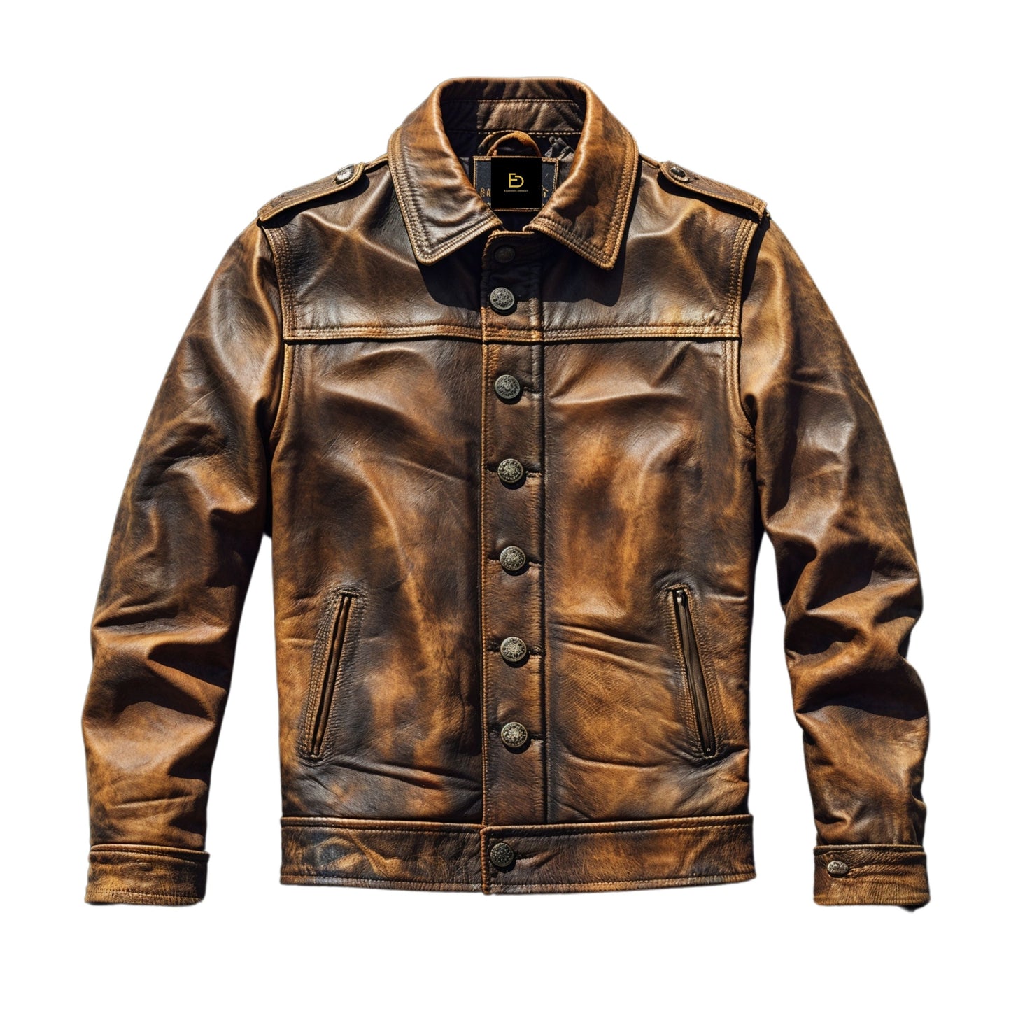 Men's Vintage Brown Leather Jacket with Epaulets – Classic Button-Up Style