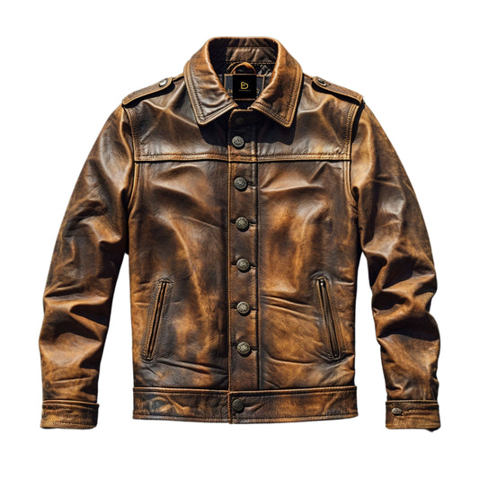 Men's Vintage Brown Leather Jacket with Epaulets – Classic Button-Up Style
