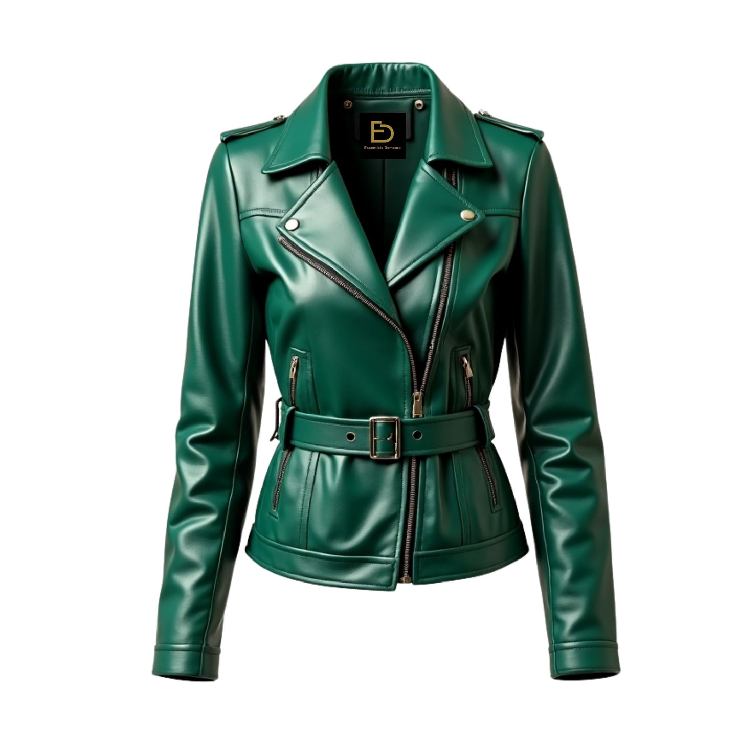 Emerald Green Leather Biker Jacket: Belted Moto Style Asymmetrical Zipper