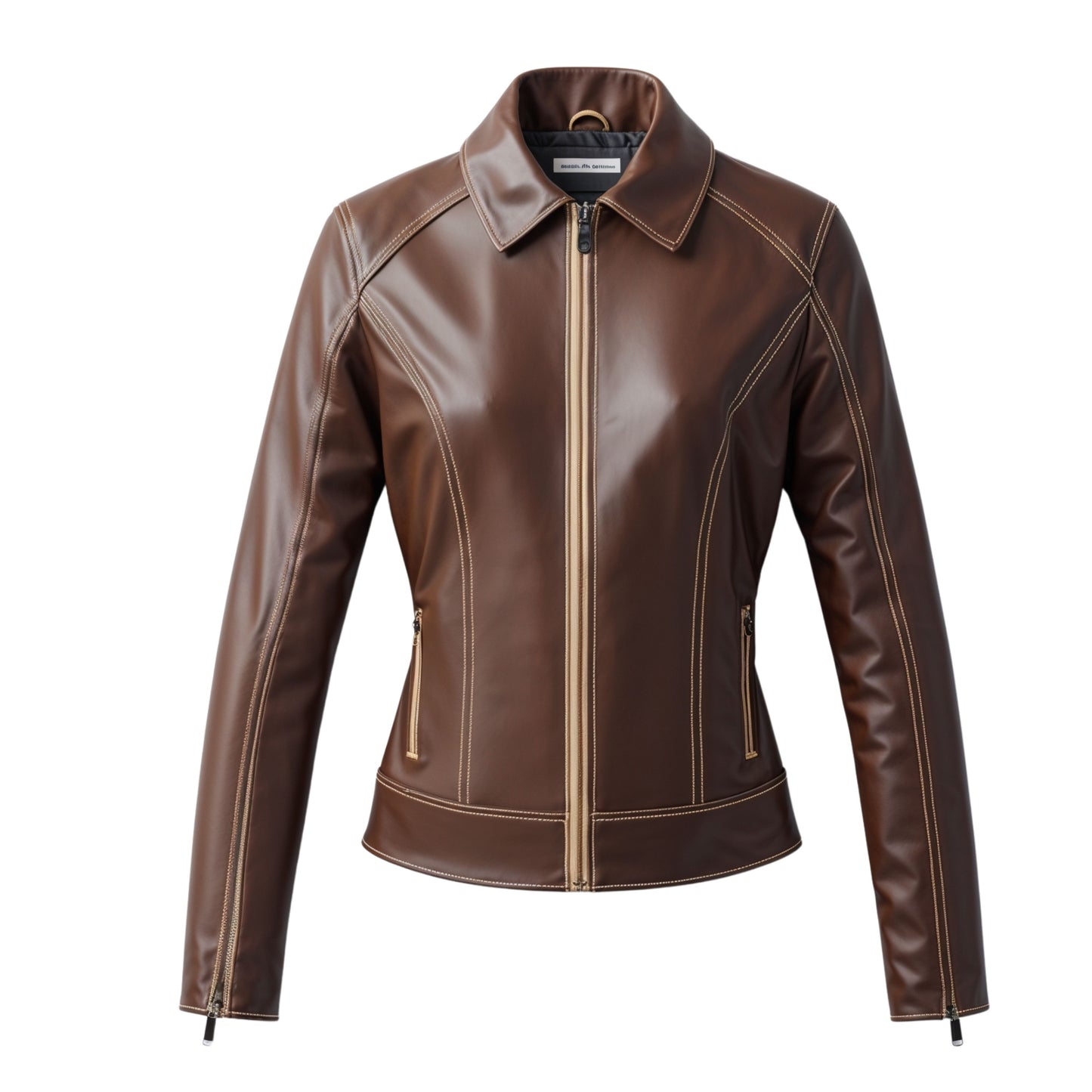Brown Leather Jacket Women's Zip Front Shirt Collar Contrast Stitching Slim Fit Coat