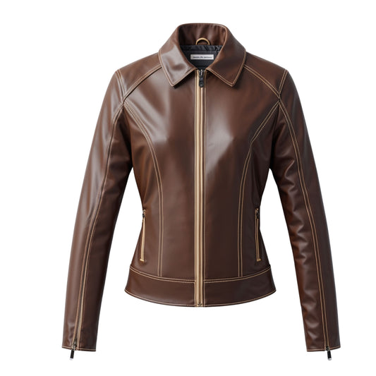 Brown Leather Jacket Women's Zip Front Shirt Collar Contrast Stitching Slim Fit Coat