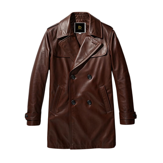 Men's Rich Brown Leather Double Breasted Trench Coat Wide Lapel Style
