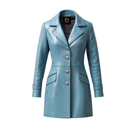 Light Blue Real Leather Trench Coat: Tailored Waist, Knee Length, Notched Lapel