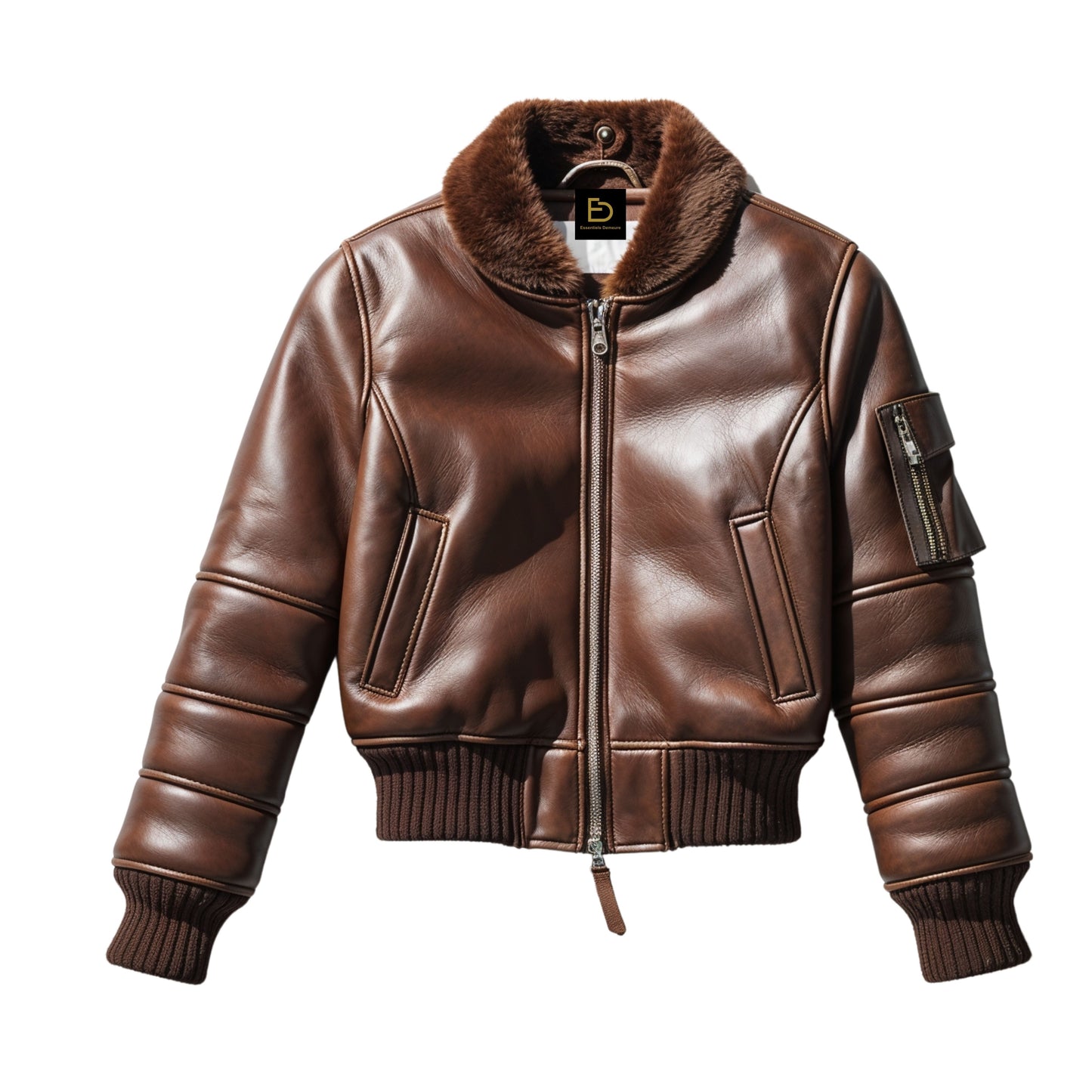 Women's Brown Leather Aviator Bomber Jacket with Shearling Collar – Ribbed Cuffs Zip Front Coat