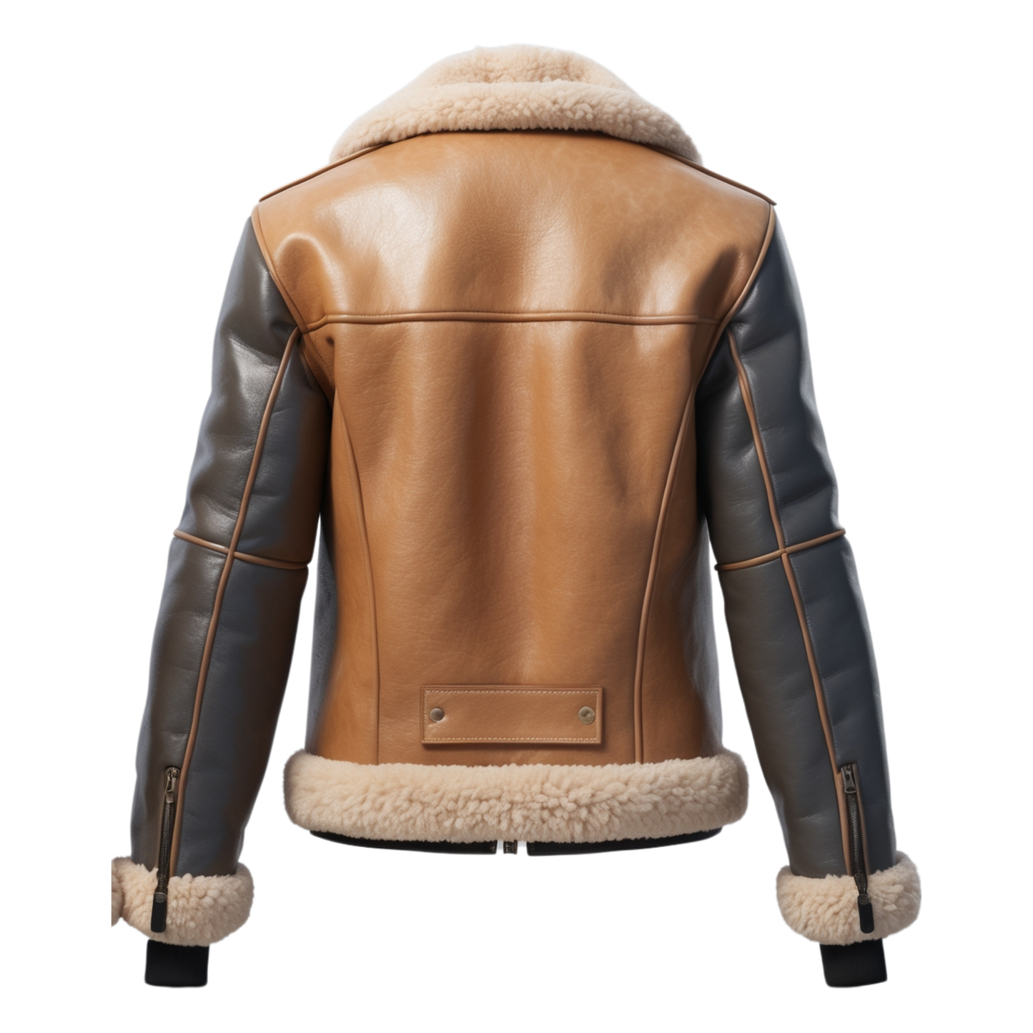 Two Tone Grey Brown Real Leather Aviator Jacket Beige Shearling Collar Cuffs Hem Vintage Warm Trendy Wear
