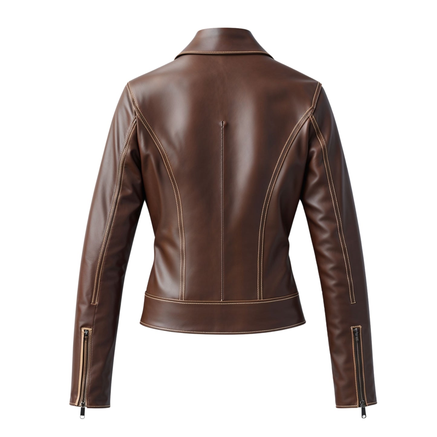 Brown Leather Jacket Women's Zip Front Shirt Collar Contrast Stitching Slim Fit Coat