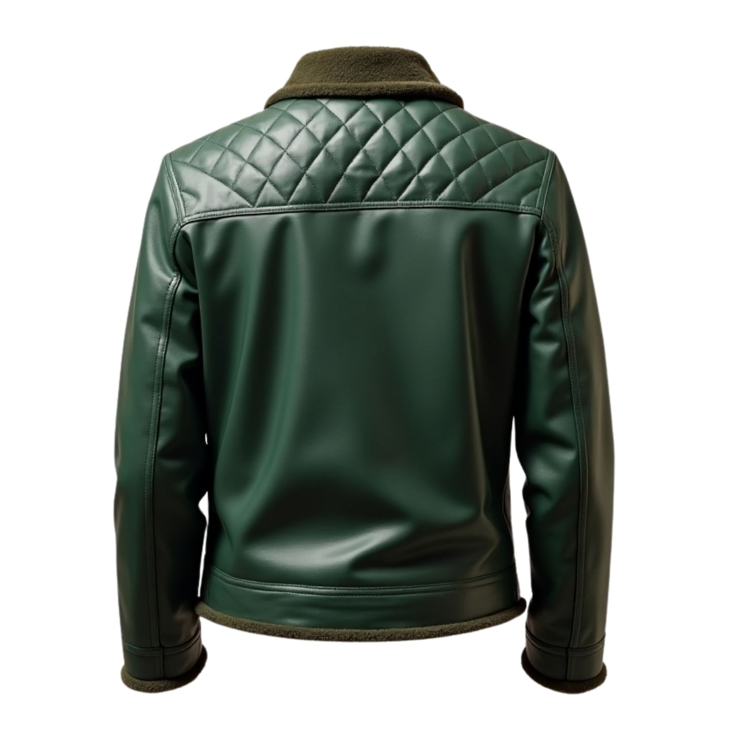 Men's Green Quilted Leather Bomber Jacket with Shearling Collar, Zipper Pockets