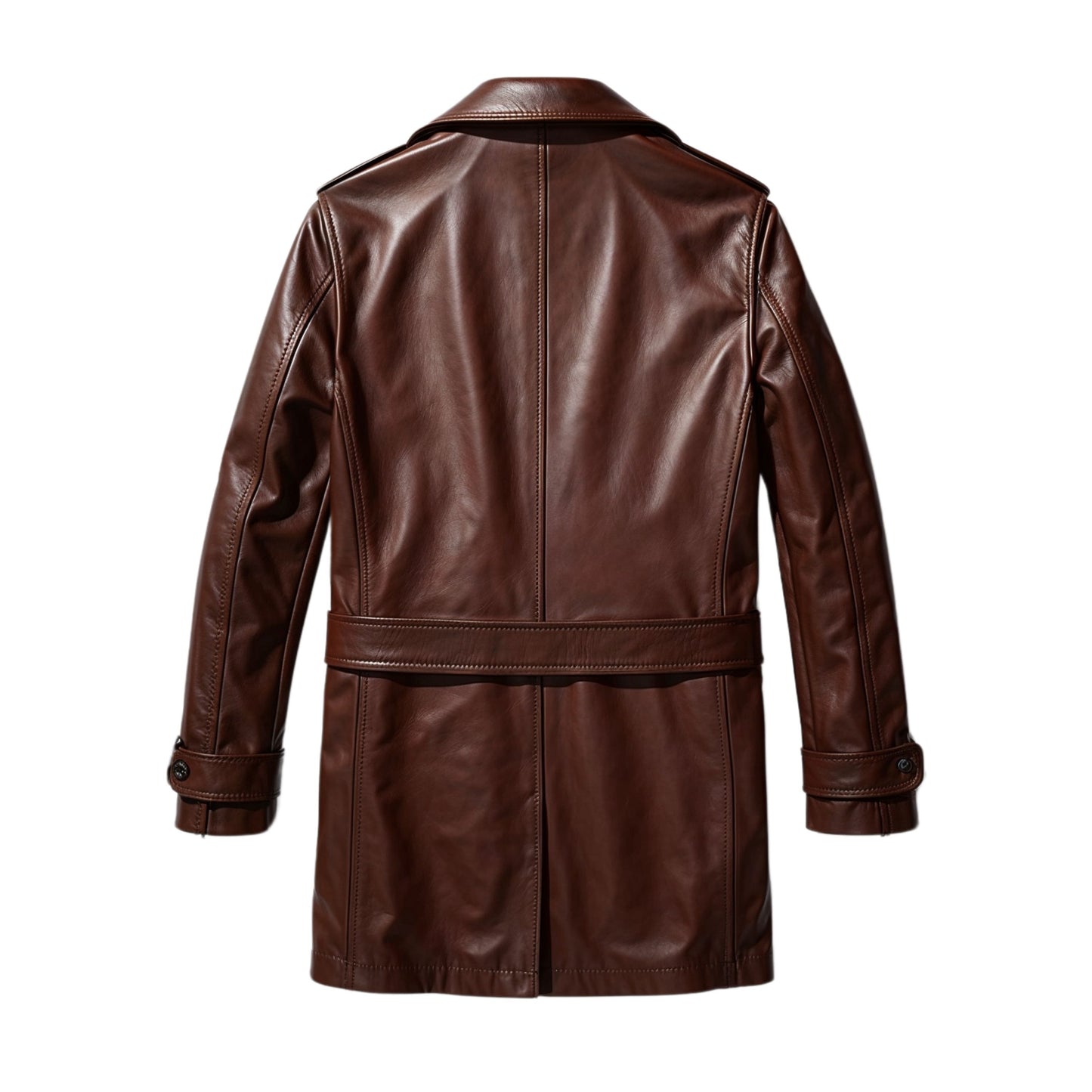 Men's Rich Brown Leather Double Breasted Trench Coat Wide Lapel Style