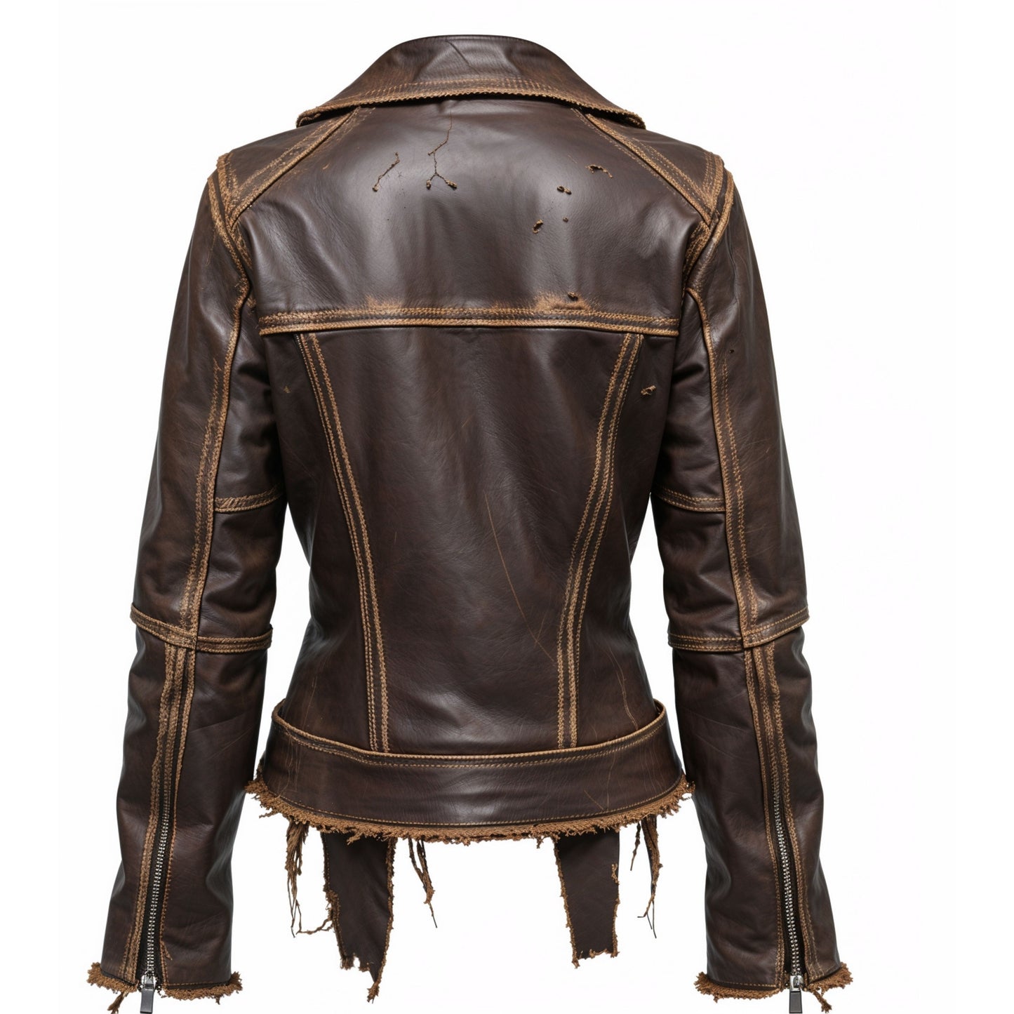 Womens Distressed Brown Leather Biker Jacket – Asymmetrical Zip, Frayed Edge Style