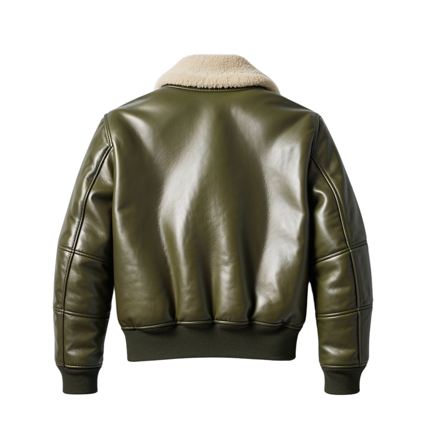 Men's Olive Green Leather Bomber Jacket with Shearling Collar, Gold Zippers