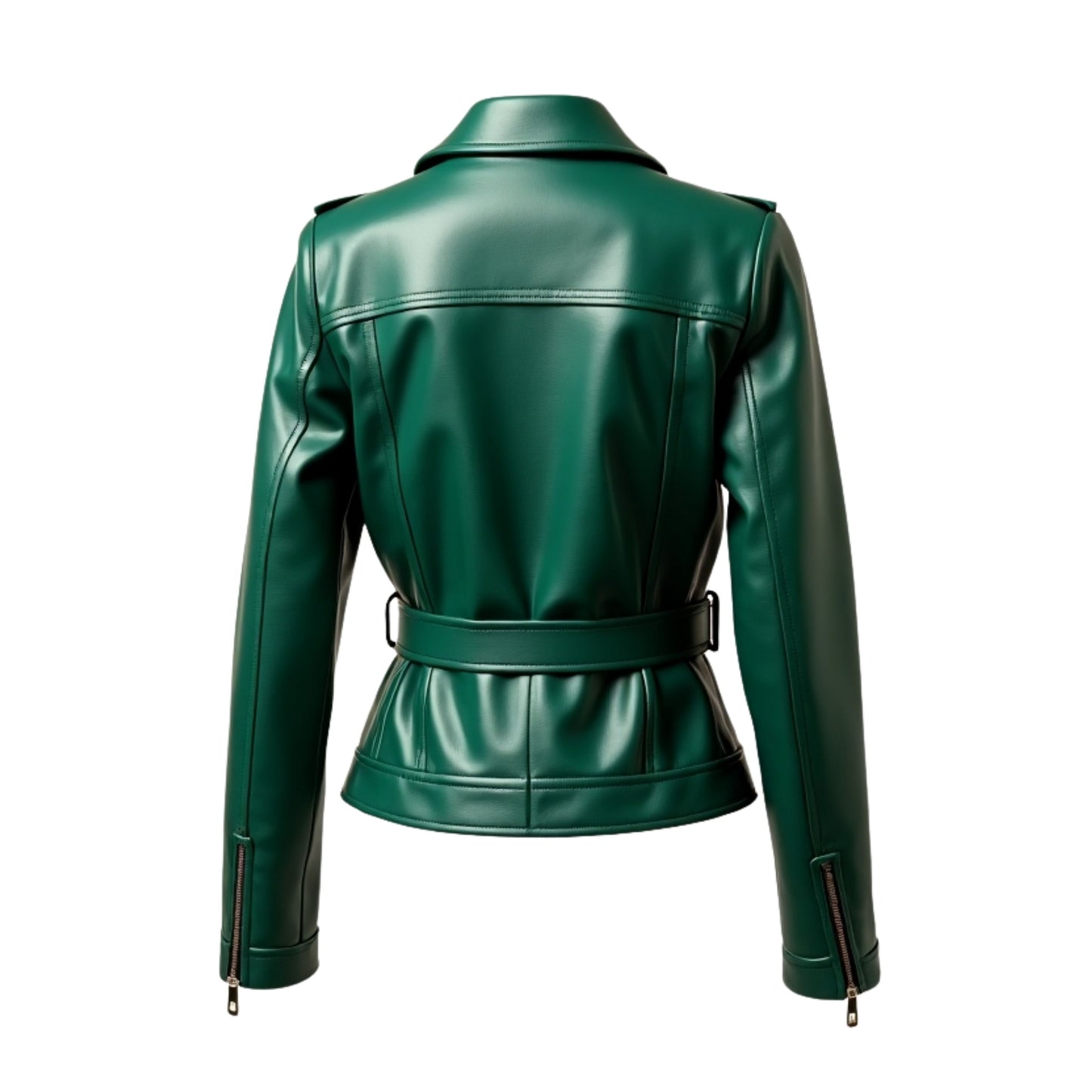 Emerald Green Leather Biker Jacket: Belted Moto Style Asymmetrical Zipper
