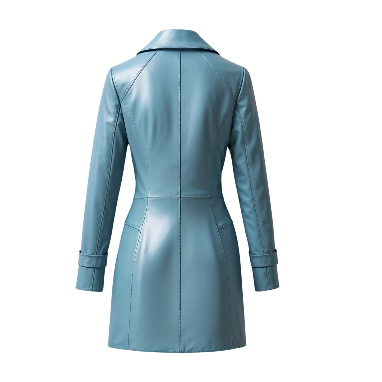 Light Blue Real Leather Trench Coat: Tailored Waist, Knee Length, Notched Lapel