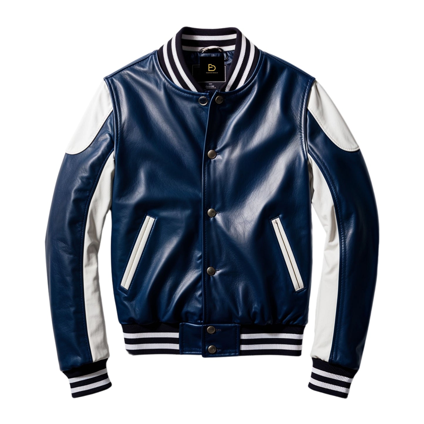 Men's Navy Blue Real Leather Varsity Bomber Jacket with White Sleeves, Striped Ribbing