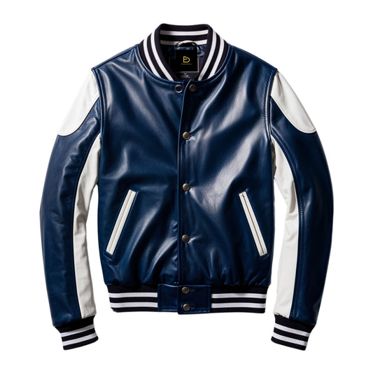 Men's Navy Blue Real Leather Varsity Bomber Jacket with White Sleeves, Striped Ribbing