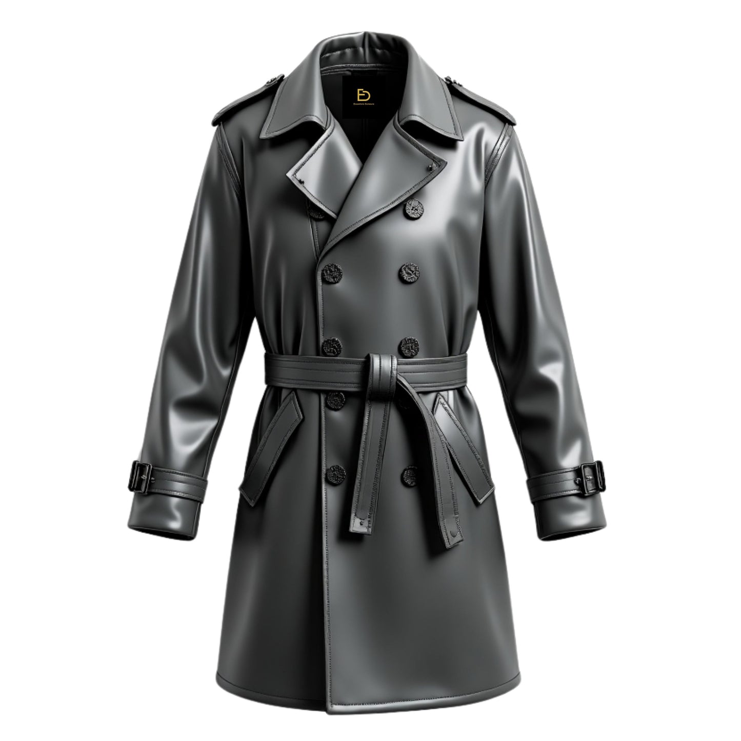 Men's Black Real Leather Double Breasted Trench Coat with Belted Waist, Epaulets