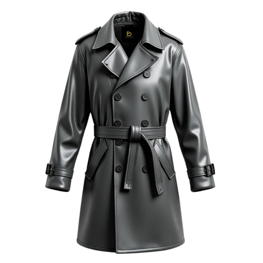Men's Black Real Leather Double Breasted Trench Coat with Belted Waist, Epaulets