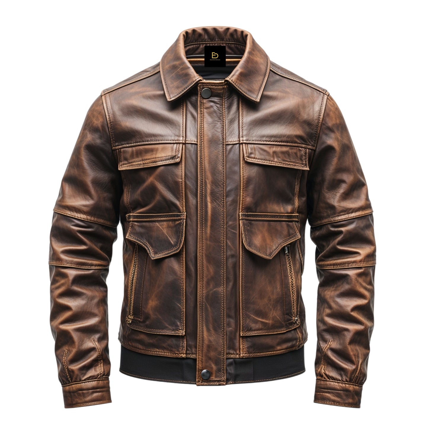 Men's Vintage Brown Leather Jacket: Rugged Distressed Classic Style Four Pockets