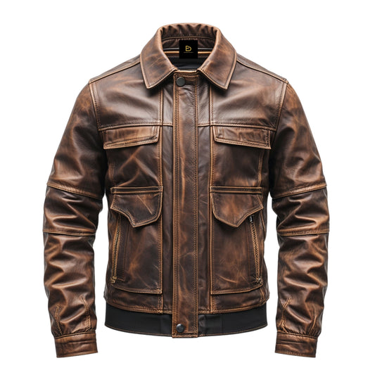 Men's Vintage Brown Leather Jacket: Rugged Distressed Classic Style Four Pockets