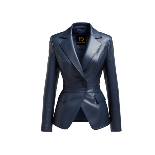 Navy Blue Real Leather Peplum Blazer: Fitted Waist Work Outerwear