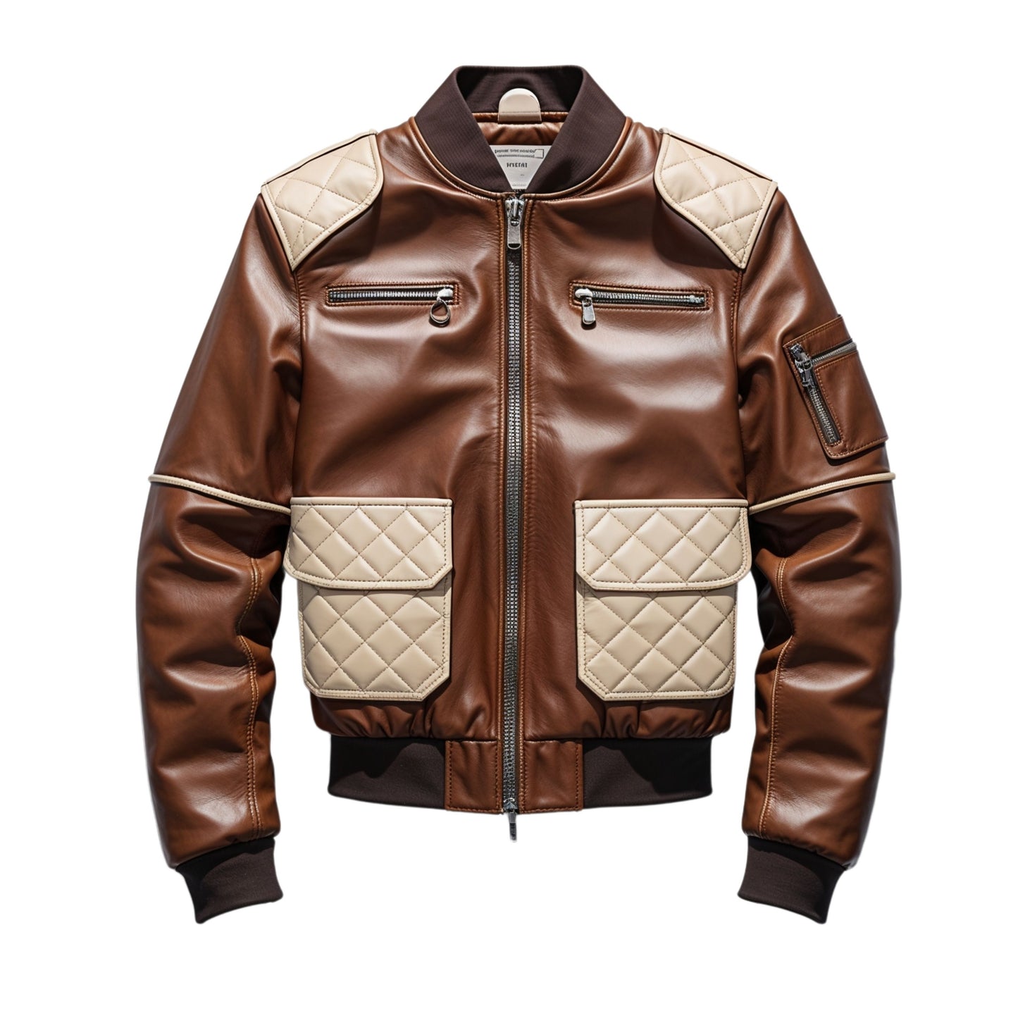 Men Real Leather Bomber Jacket Quilted Pockets Shoulder Panels Contemporary Urban Style Everyday Comfort