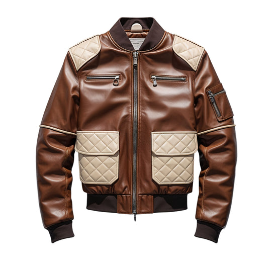 Men Real Leather Bomber Jacket Quilted Pockets Shoulder Panels Contemporary Urban Style Everyday Comfort