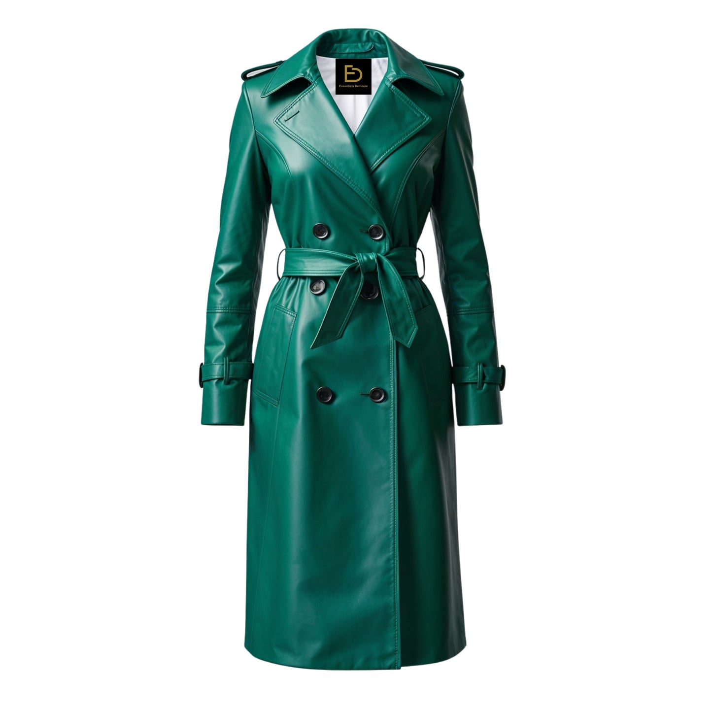 Emerald Green Real Leather Trench Coat: Belted Double Breasted City Outerwear