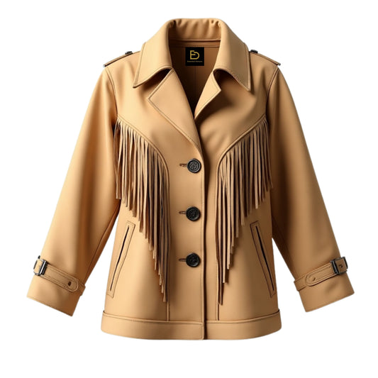 Camel Real Leather Fringed Jacket – Boho Western Style Button Front Epaulet Shoulders