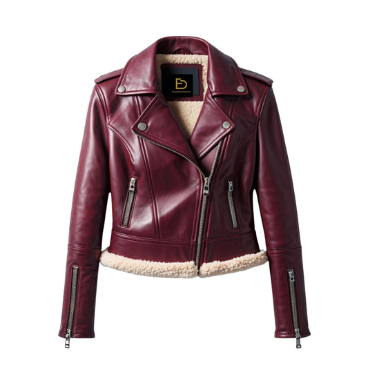 Womens Real Leather Shearling Biker Jacket Burgundy Moto Coat Fur Lining Fashionable Zip Pockets