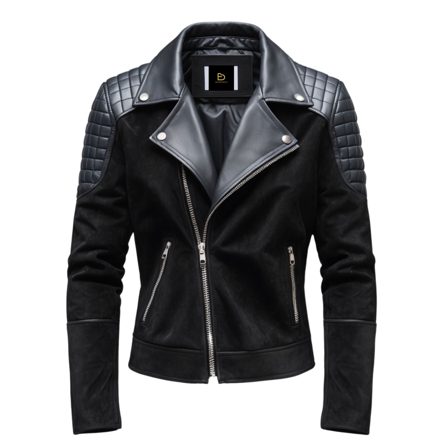 Black Real Leather Biker Jacket with Quilted Shoulders – Casual Wear